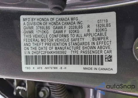 2019 Honda Civic Lx z USA, uszkodzony, nr VIN 2HGFC2F64KH580992